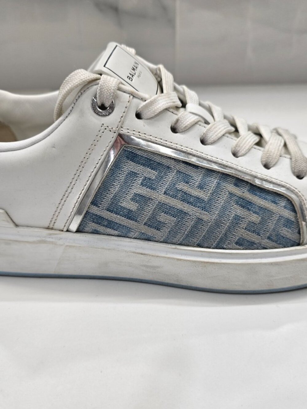 Balmain B-Court Monogramed Denim Leather Sneaker - Picture 4 of 8
